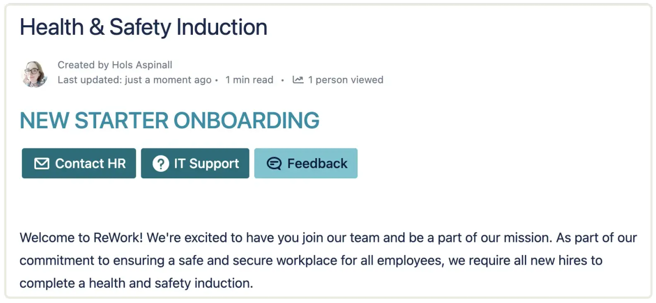 A screenshot of a new starter induction page with buttons in Confluence