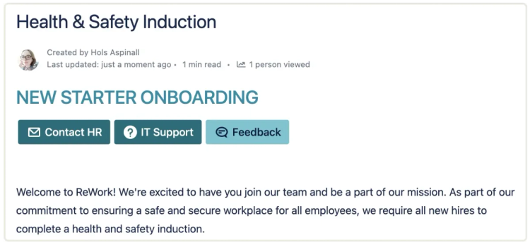 A screenshot of a new starter induction page with buttons in Confluence