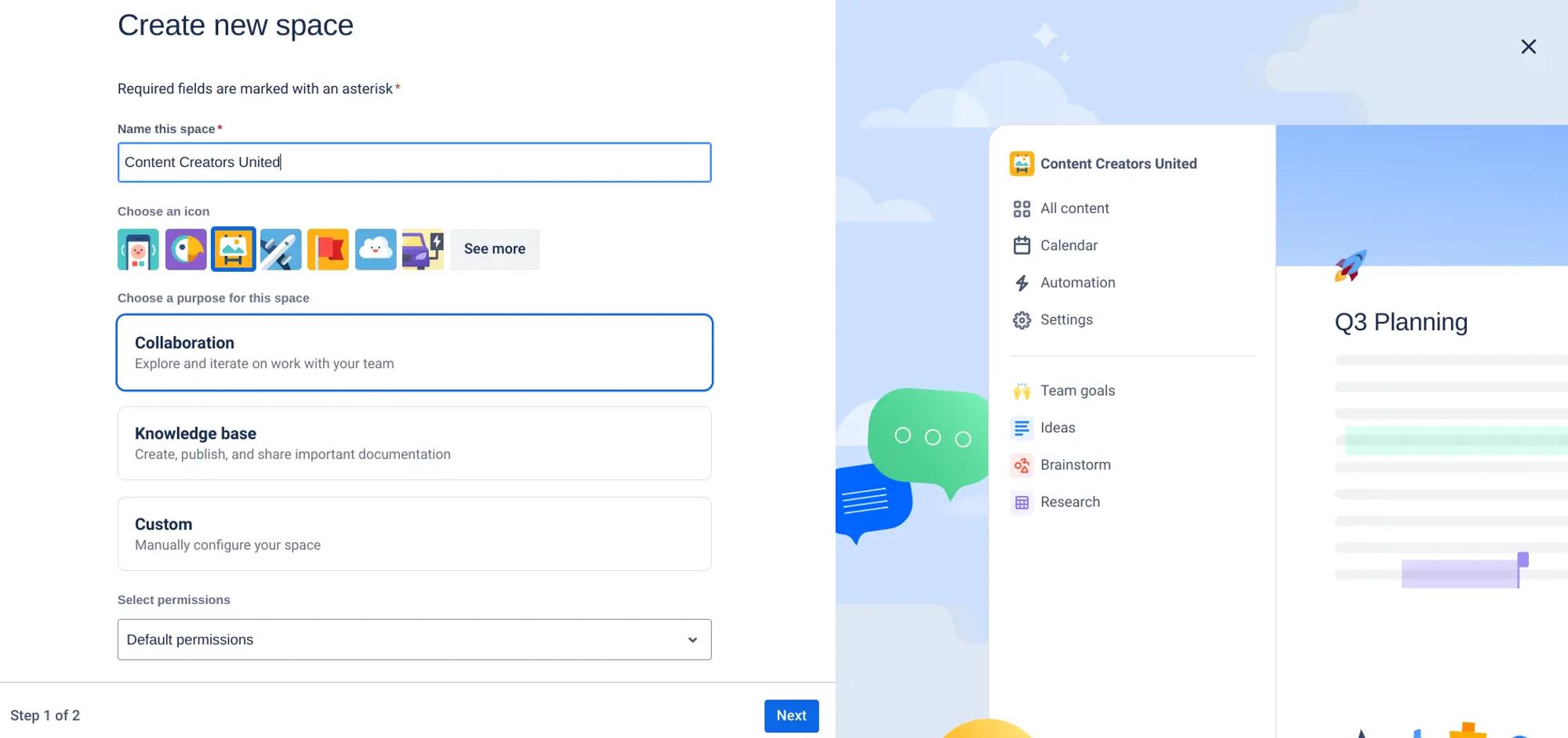 The 'Create new space' dialog in Confluence with the Collaboration space highlighted