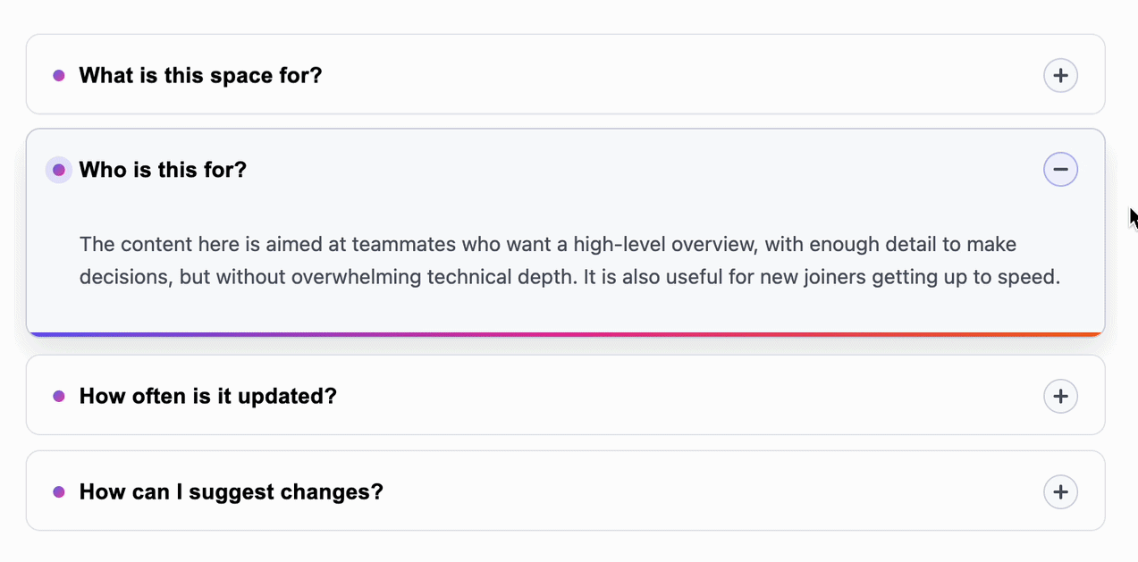 Animated GIF showing a user clicking through FAQs in an accordion module. When one is clicked, the other one closes.