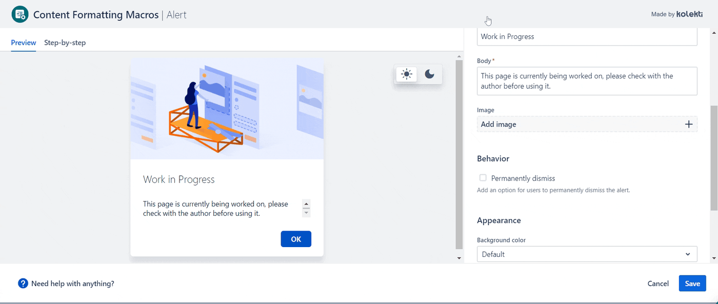 A GIF of a user adding a stock image to their alert in Confluence