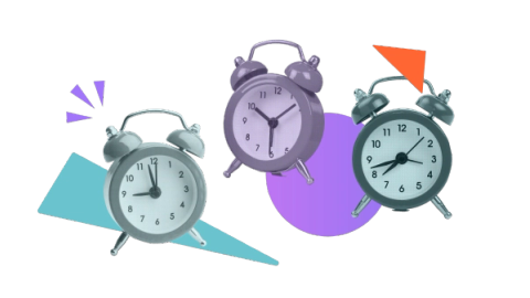 Three vintage alarm clocks, one of which is ringing, on a stylised background