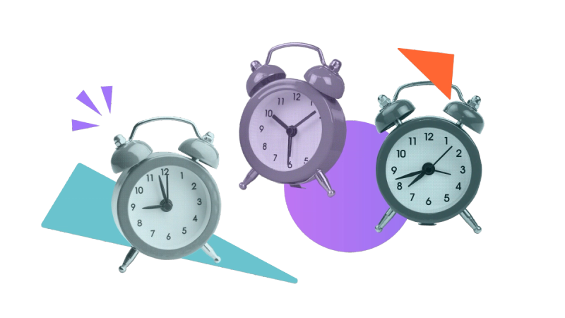 Three vintage alarm clocks, one of which is ringing, on a stylised background