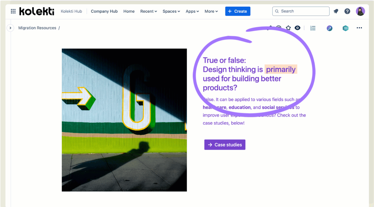 A circle highlighting purple text on a Confluence page