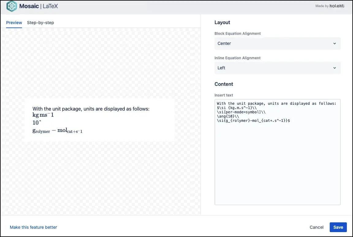 The LaTeX for Confluence editor with various units of measurement in the text box