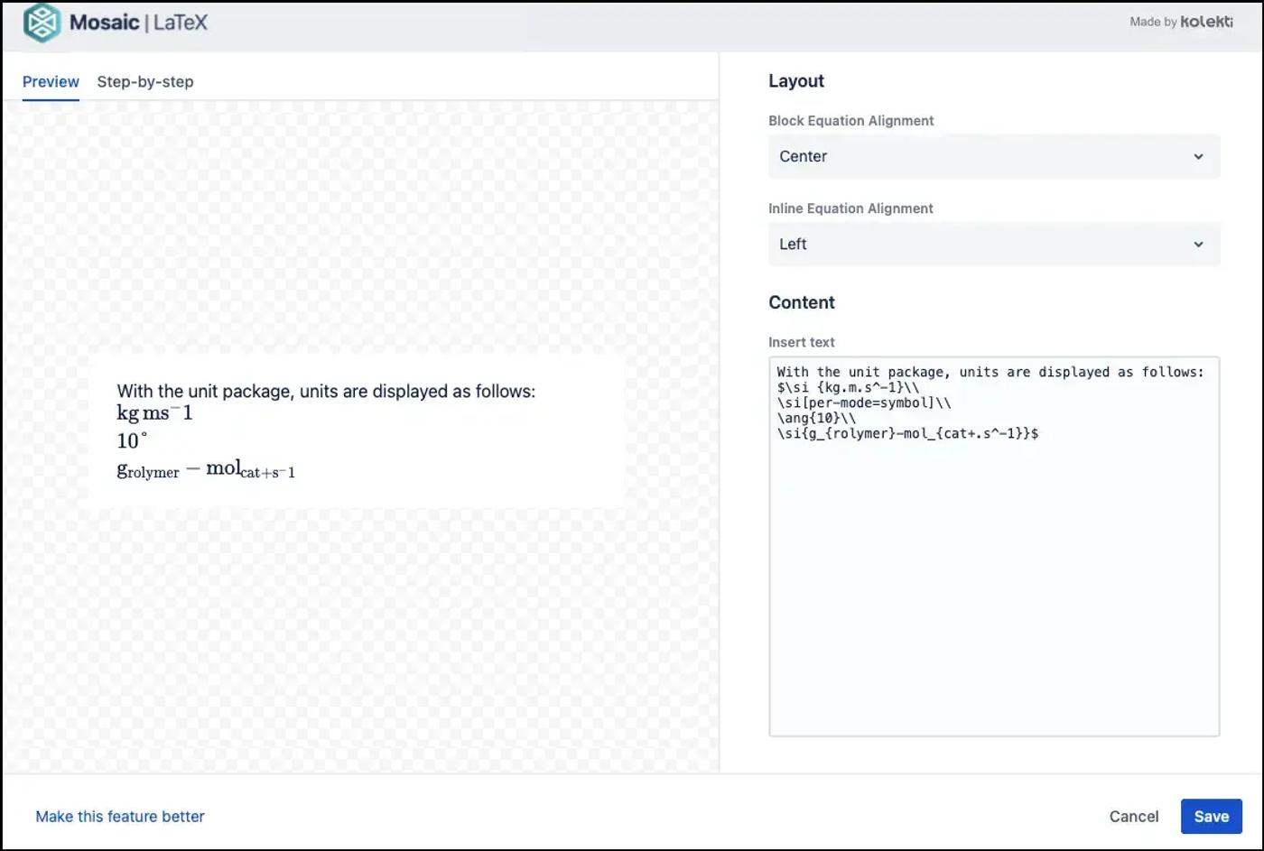 The LaTeX for Confluence editor with various units of measurement in the text box