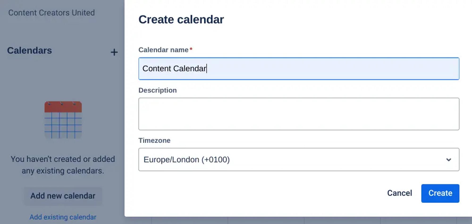 The 'Create calendar' dialog in Confluence