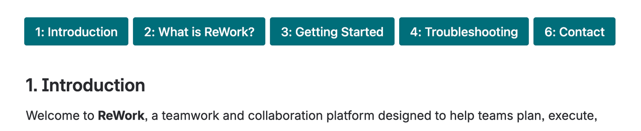 A row of teal buttons acting as a table of contents, with each button linking to a different header on a documentation page