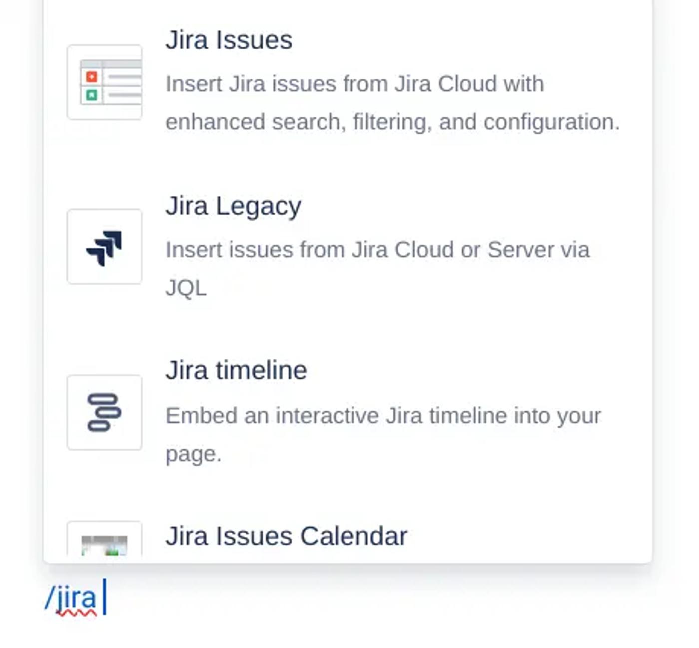 A screenshot of the Jira shortcut and the Jira issues macro in Confluence