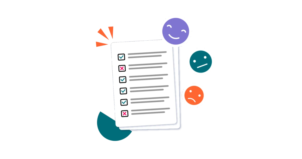 A stack of forms with boxes ticked and crossed and three emoji faces with different expressions on a stylised background