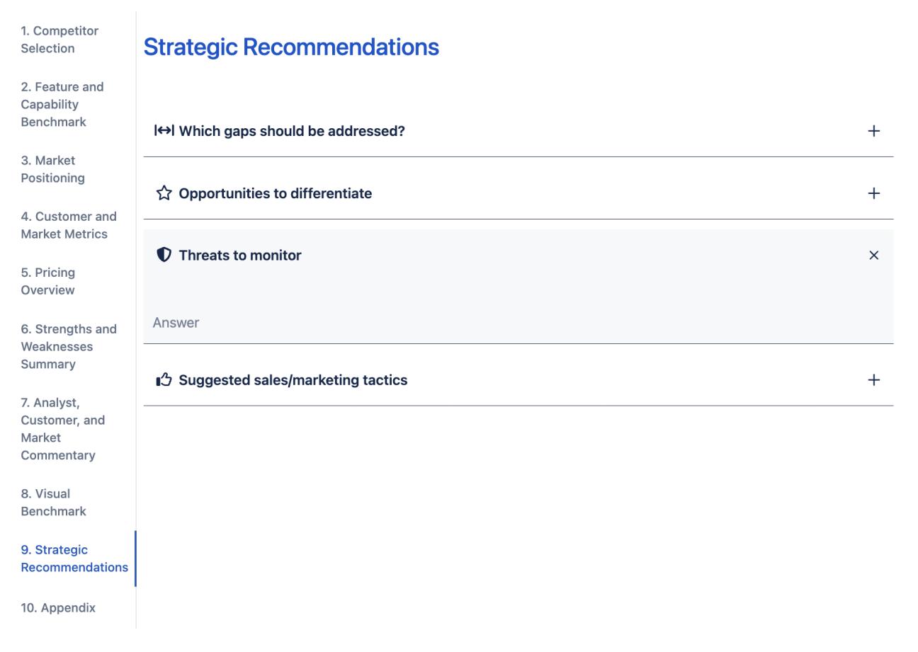 The 'Strategic Recommendations' tab of the competitor benchmark, showing four collapsible sections with headings such as 'Threats to monitor'