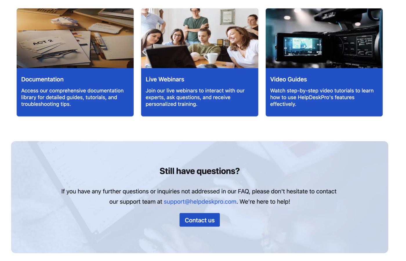 A screenshot of the FAQ page template, showing additional resources in cards and a 'contact us' button