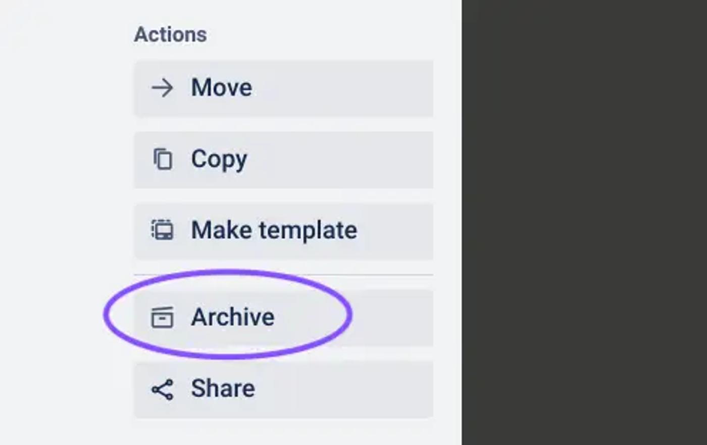 The archive button circled on a Trello card