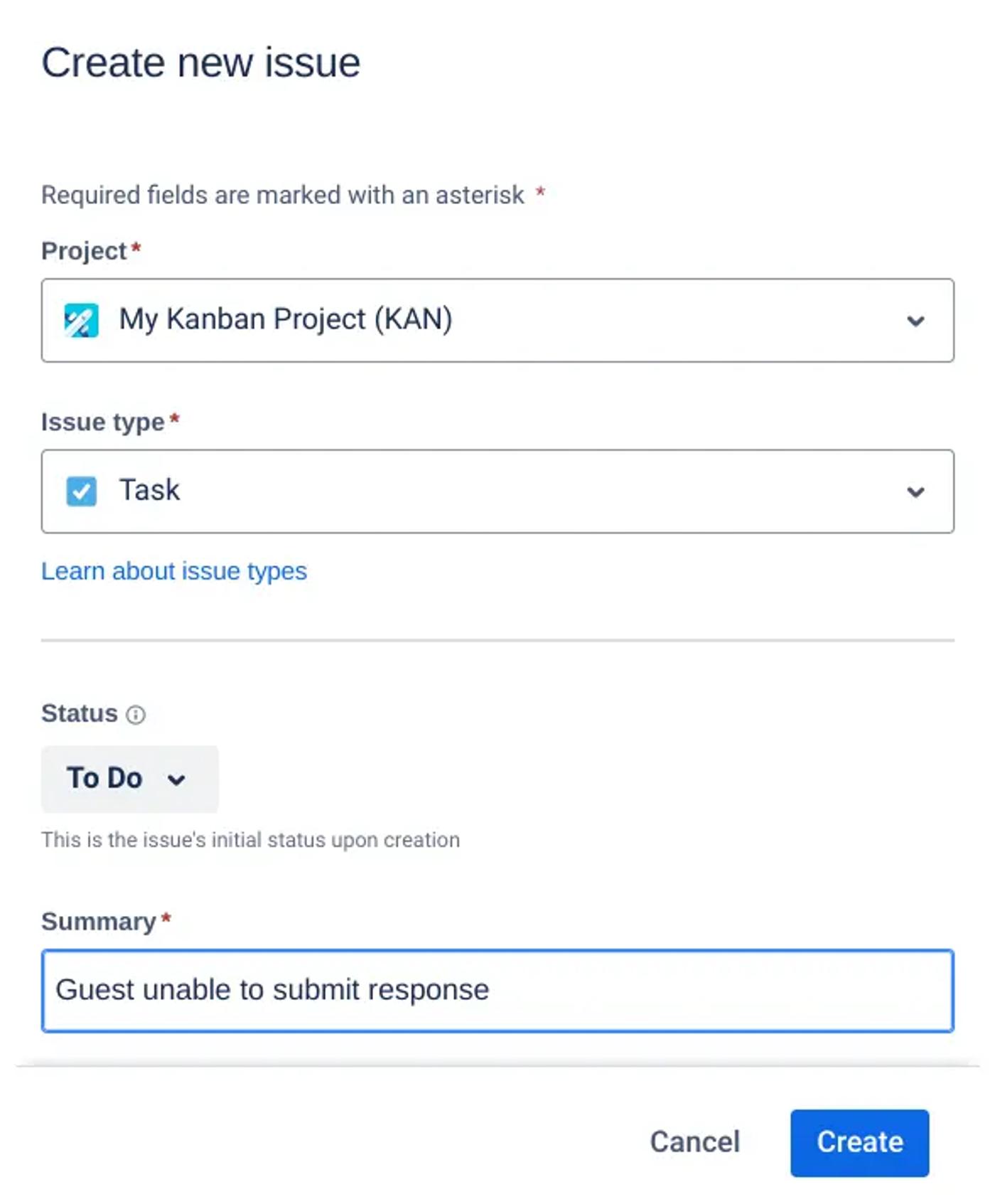 A screenshot of the 'Create new issue' Jira pop-up in Confluence