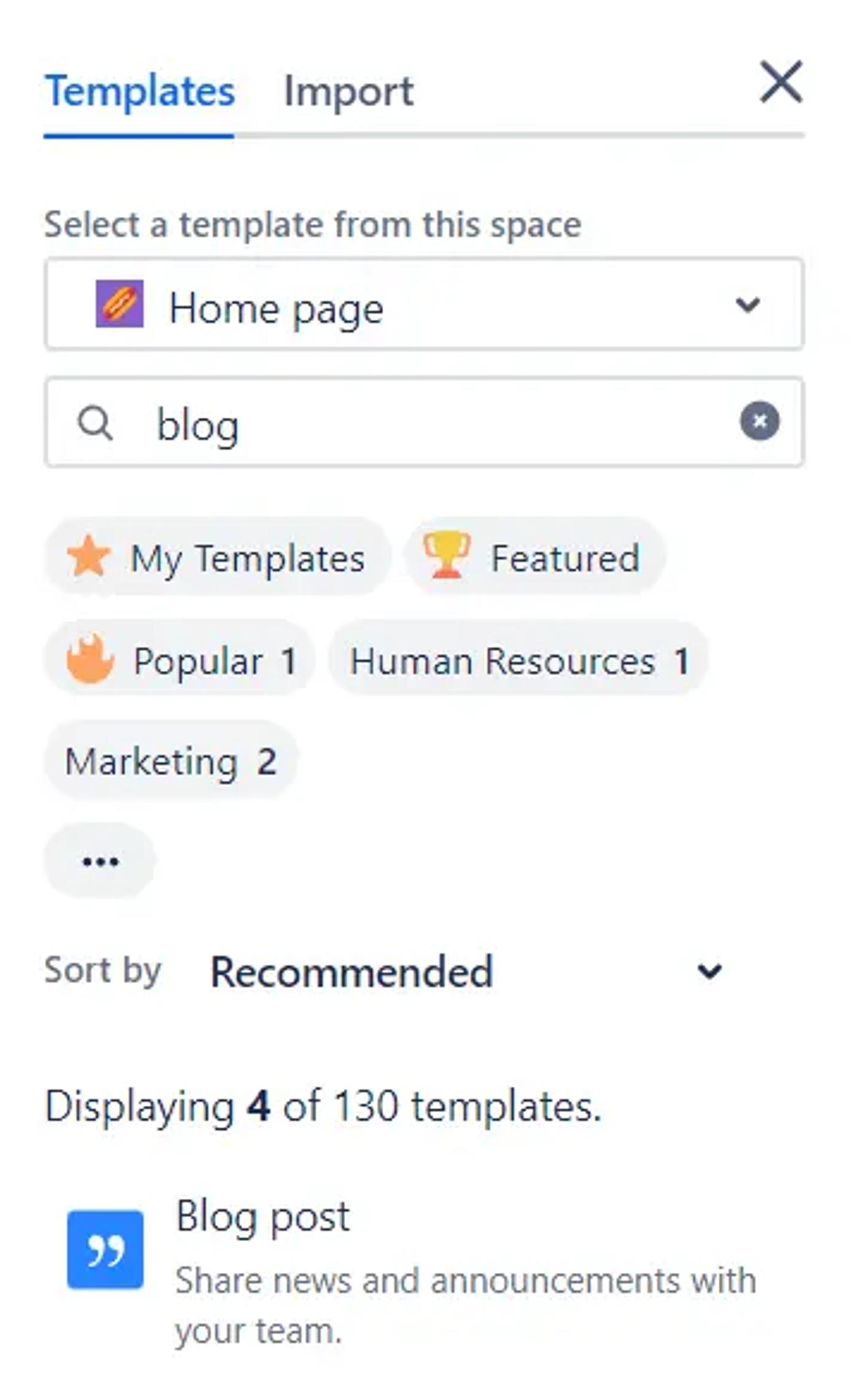 A screenshot of the Templates section tab that appears when creating a new page in Confluence