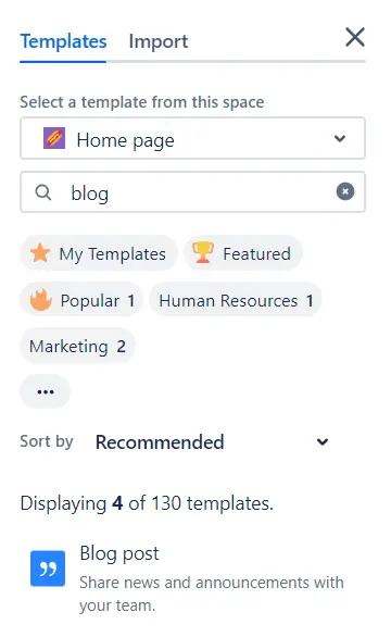 A screenshot of the Templates section tab that appears when creating a new page in Confluence