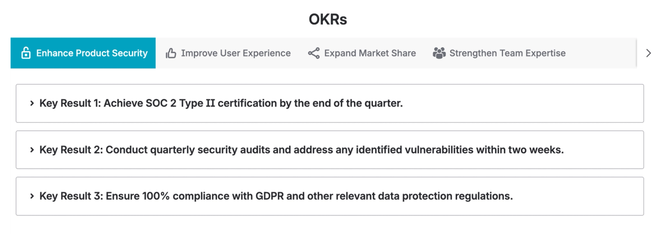 OKRs in tabs with results in expandable sections