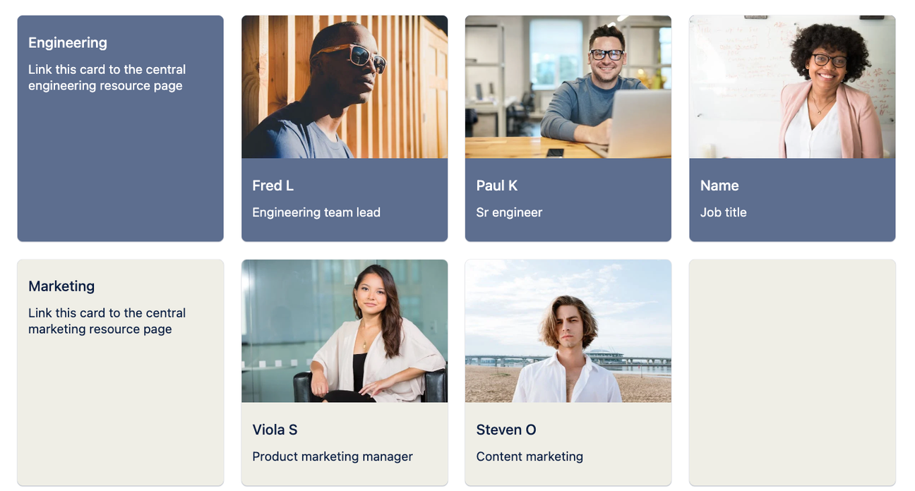 Two rows of four cards on a Confluence page with each card showing a team member, their name, and their title