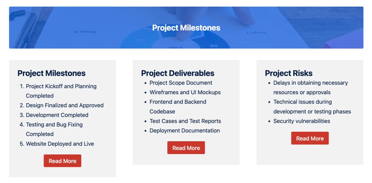 A screenshot of the Project Milestones section of the Project Plan Template for Confluence, showing three columns with information and buttons in each.