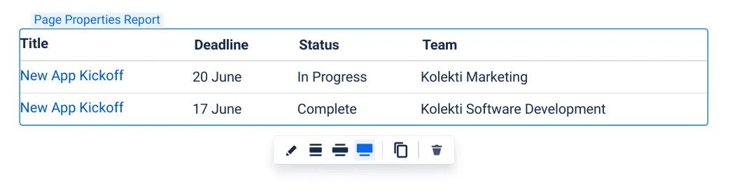 A screenshot of a page properties report in Confluence