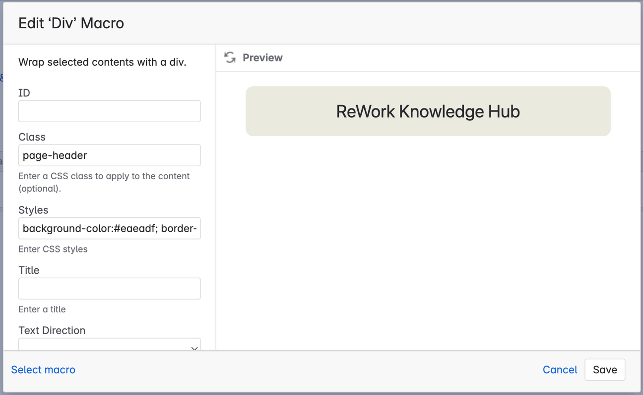 The Div macro editor with some CSS added to the 'Styles' box on the left and a preview of a knowledge hub banner on the right