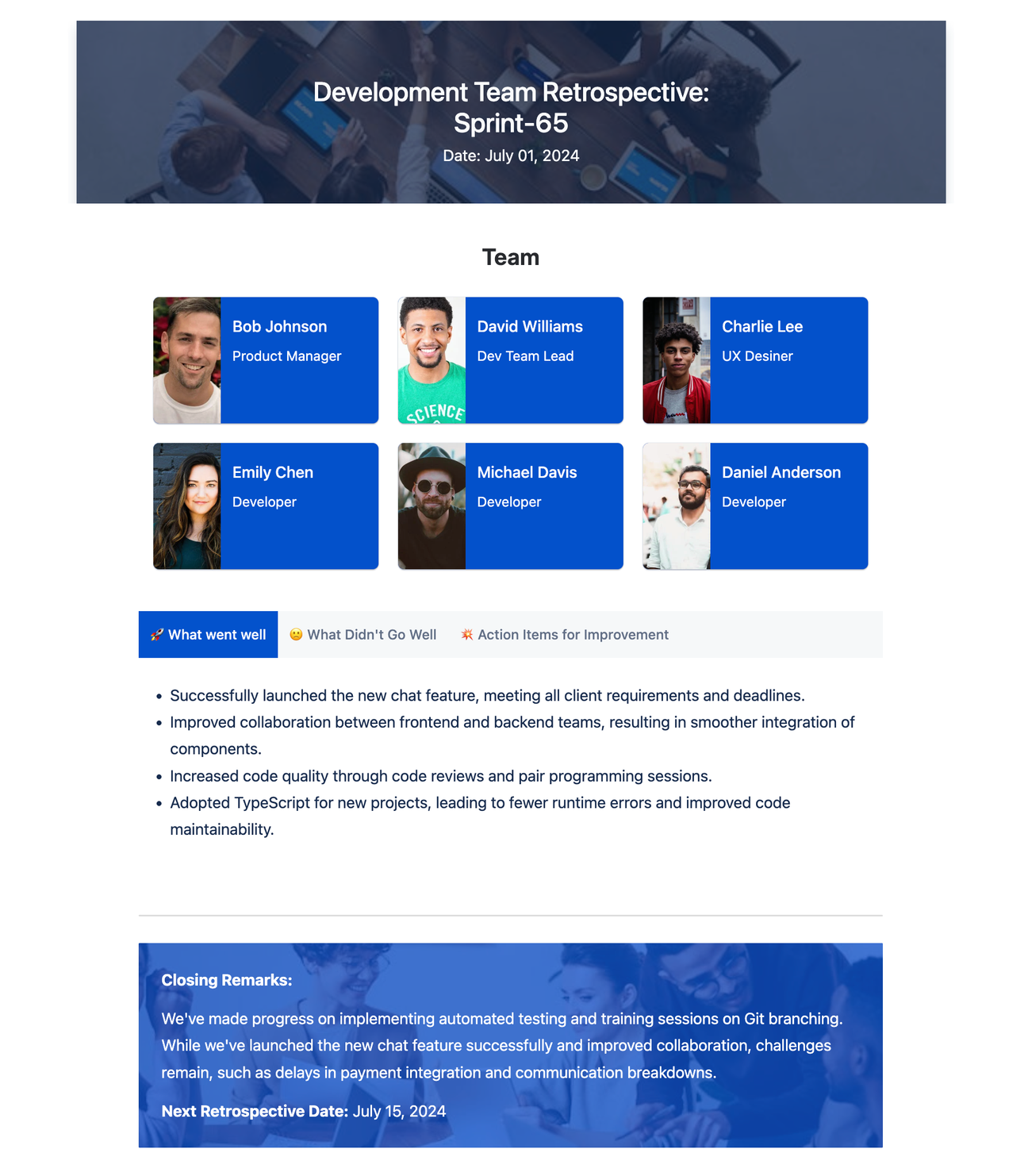 Screenshot of the Confluence retrospective template with tabs for what went well, what didn't go well, and action items for improvement