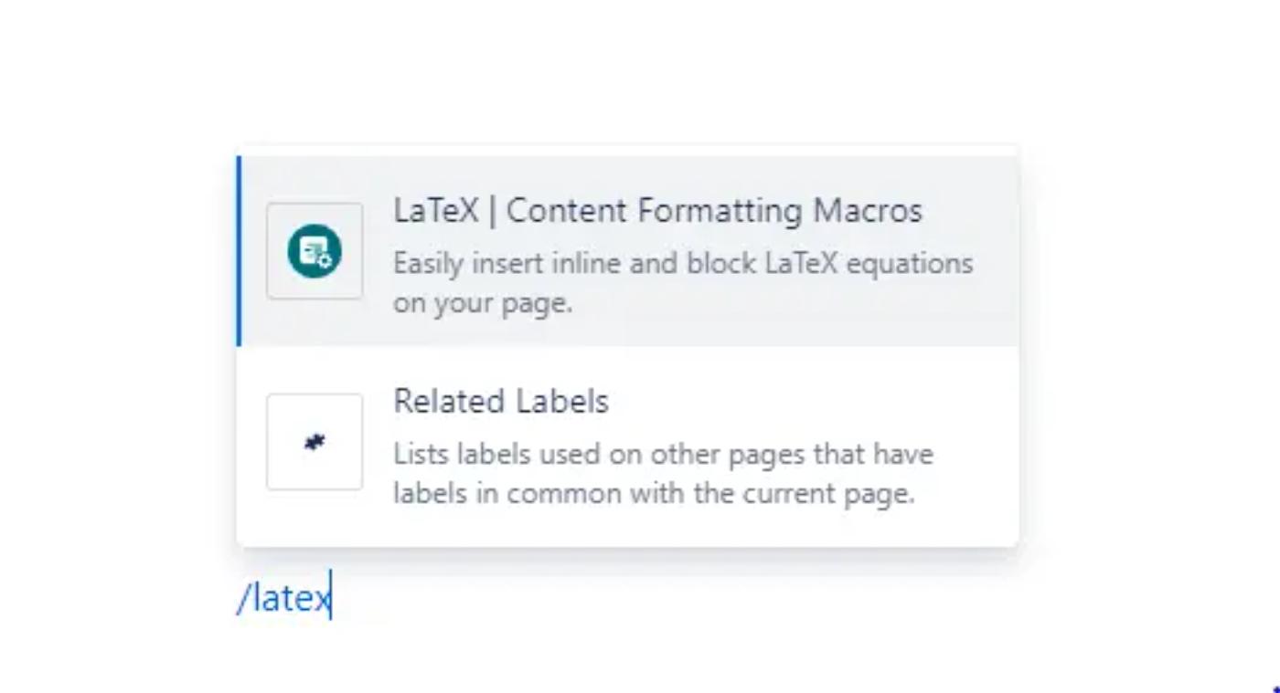 A user typing the LaTeX for Confluence macro shortcut on a page
