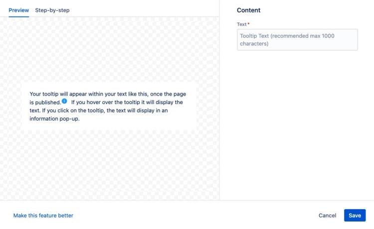 A screenshot of the Tooltips macro editor in Confluence