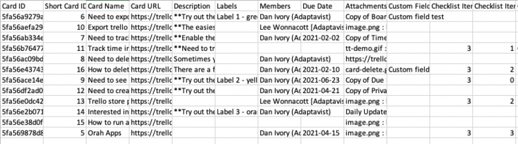 An Excel file from Board Export for Trello before the update