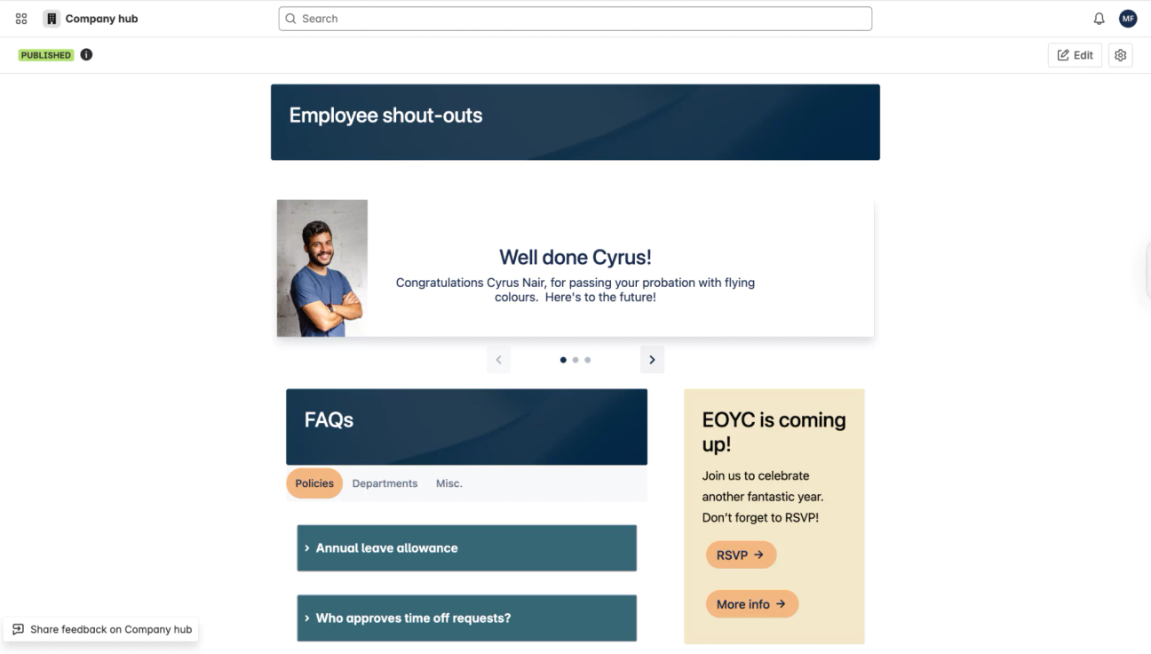 Confluence's inbuilt company hub feature, edited and made more engaging with macros by Mosaic