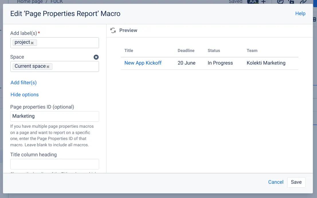 A screenshot of the edit screen for a page properties report in Confluence