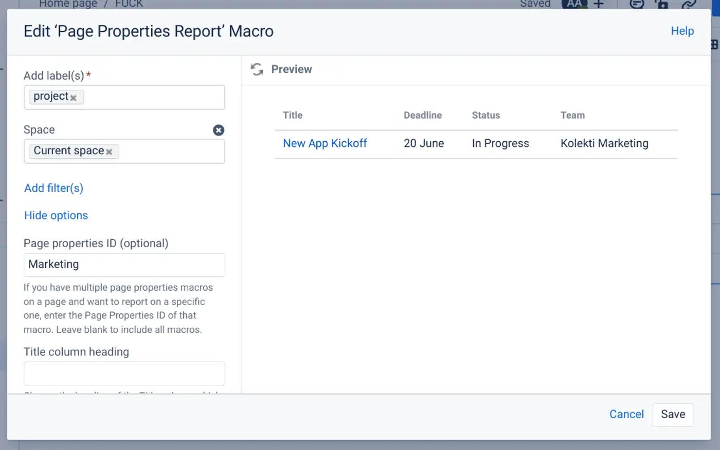 A screenshot of the edit screen for a page properties report in Confluence