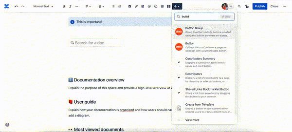 A gif showing the Buttons macro being added to a Confluence page