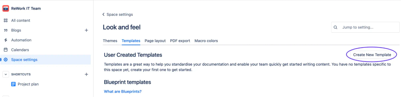 The Create New Template button in Confluence Cloud space settings