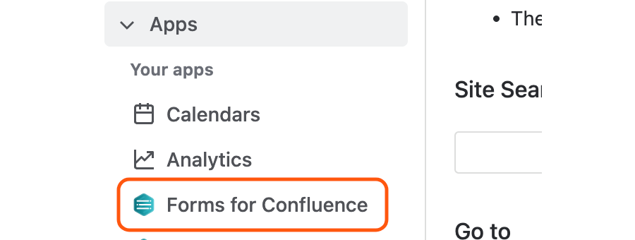 The Apps dropdown in Confluence with Forms for Confluence circled