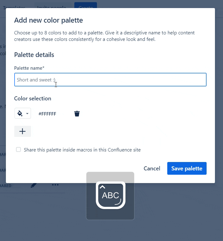 A gif showing a user adding colours to their Confluence colour palette
