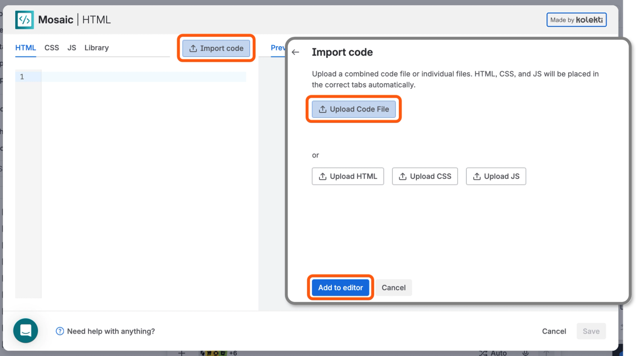 Screenshot of the Confluence HTML editor with an Import code dialog open, showing upload options for a code file, HTML, CSS, and JS, plus an Add to editor button.