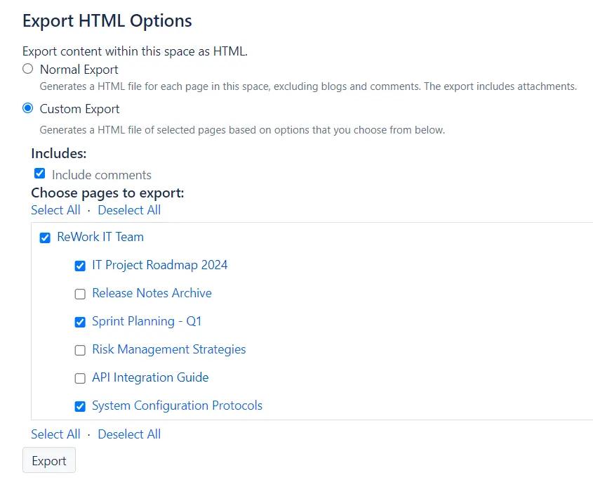 The Confluence Custom Export menu with several unchecked pages