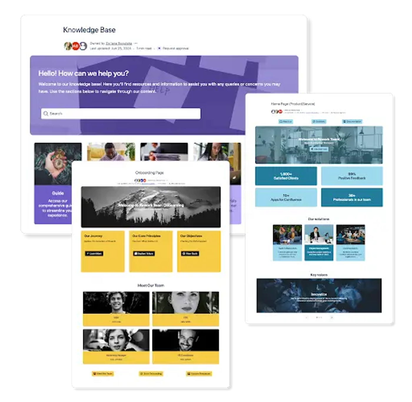 A collage of three Confluence pages displaying visual layouts and engaging macros