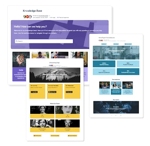 A collage of three Confluence pages displaying visual layouts and engaging macros