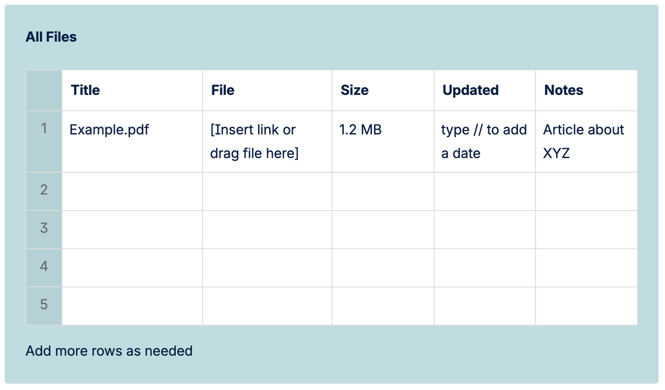 The catalogue part of the File List Template for Confluence, showing a table of files and their details.