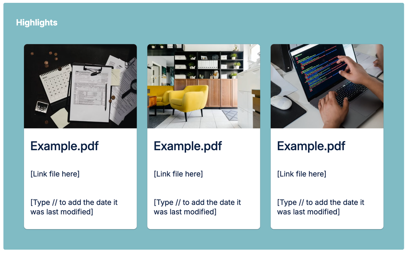 The "Highlights" part of the File List Template for Confluence with three important files displayed in Advanced Cards.