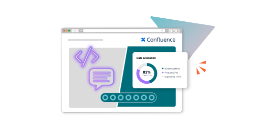 A colourful, collage-style image of a Confluence page overlaid with an icon for the HTML macro, a speech bubble, and an example of a creation from the HTML macro (a doughnut chart)