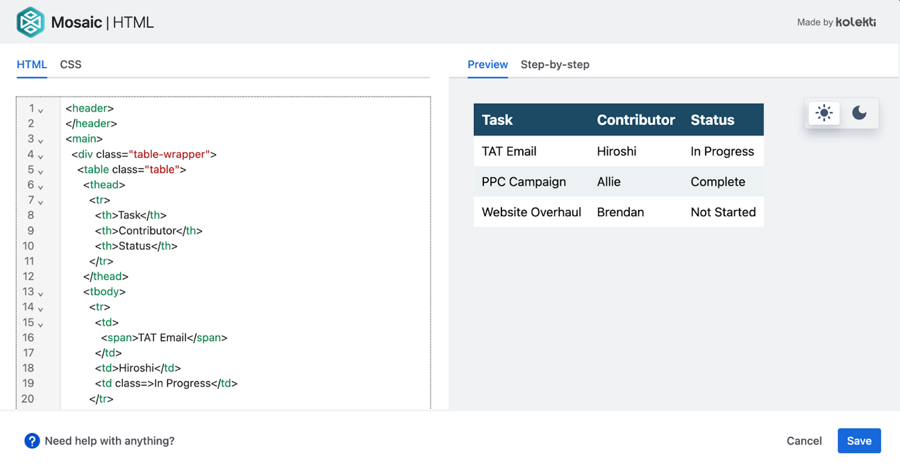 Screenshot of Mosaic for Confluence's HTML editor, showing HTML on the left side and a preview of a table on the right side.