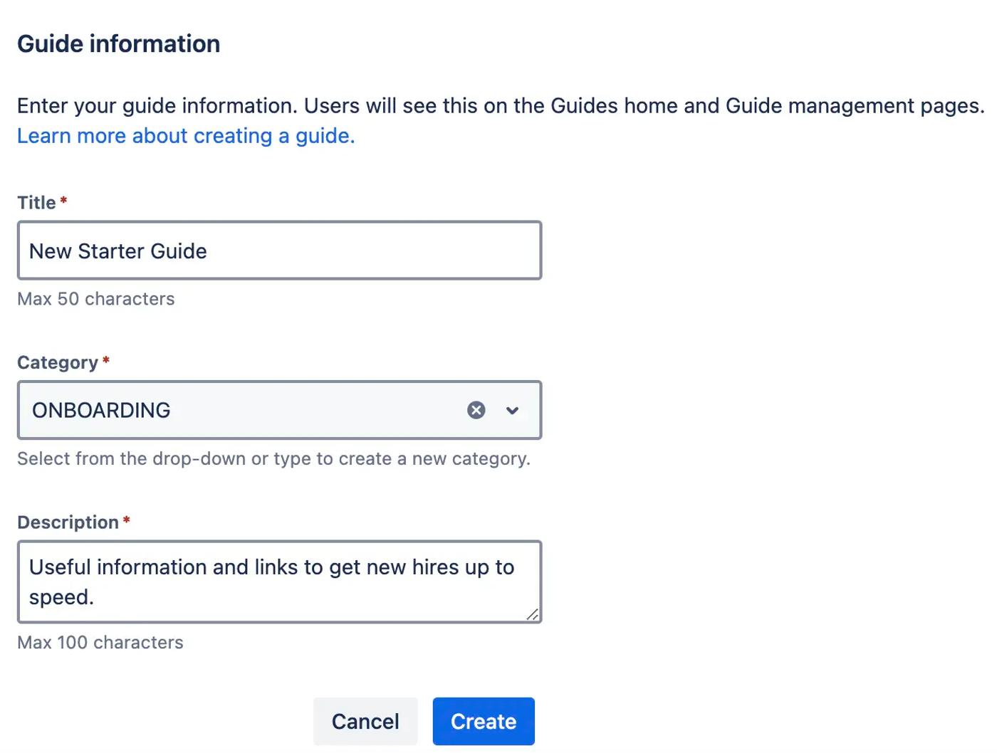 The guide creation pop-up for Guided Pathways