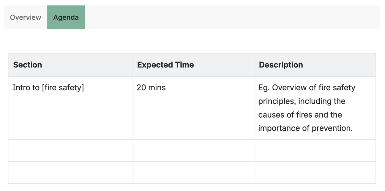 A screenshot of the Training Page Template, showing the Agenda tab open with a table inside and three columns titled "Section," "Expected Time," and "Description"