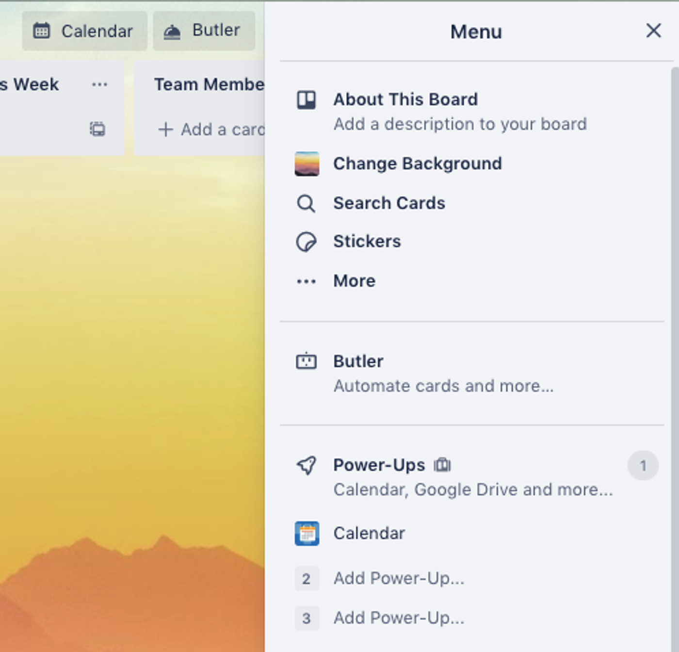 The dropdown menu on a Trello board