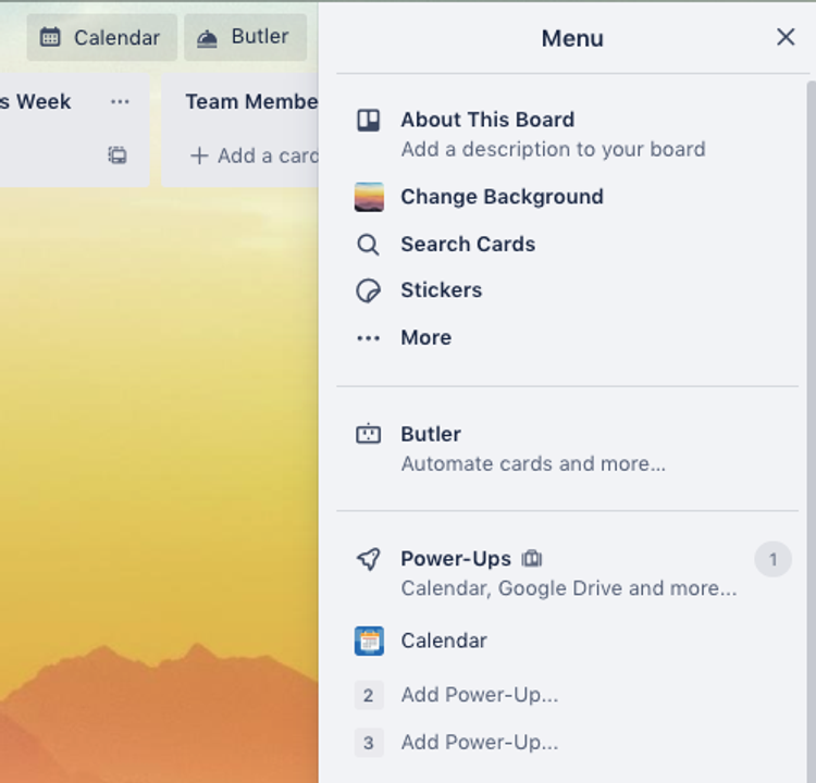 The dropdown menu on a Trello board