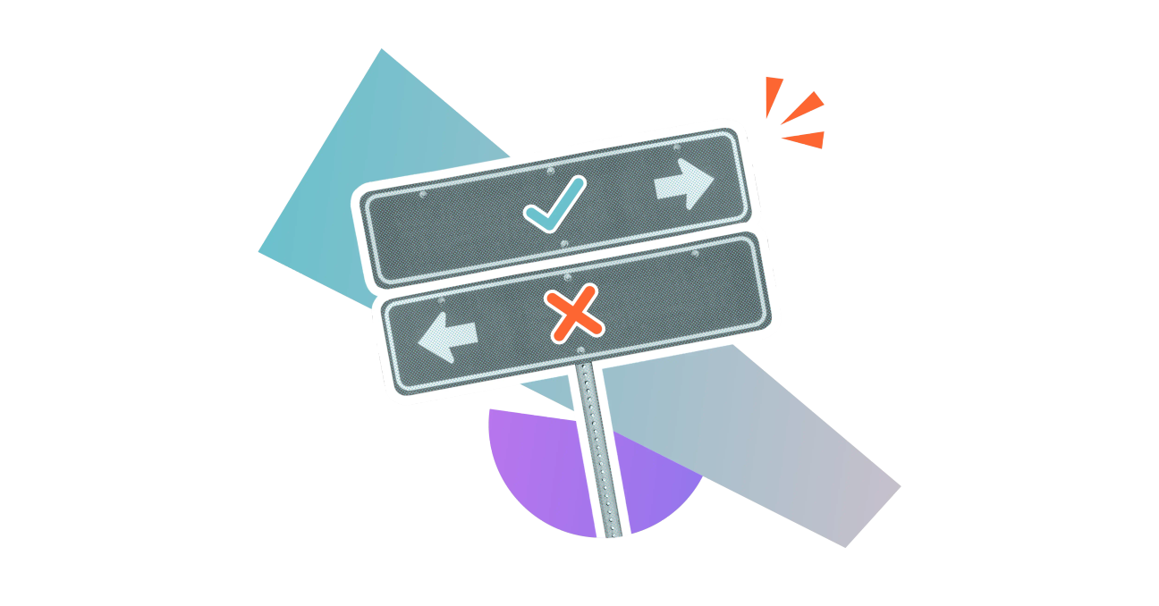 A signpost with two signs, one pointing in the right direction, marked with a tick, and one in the wrong direction, marked with a cross