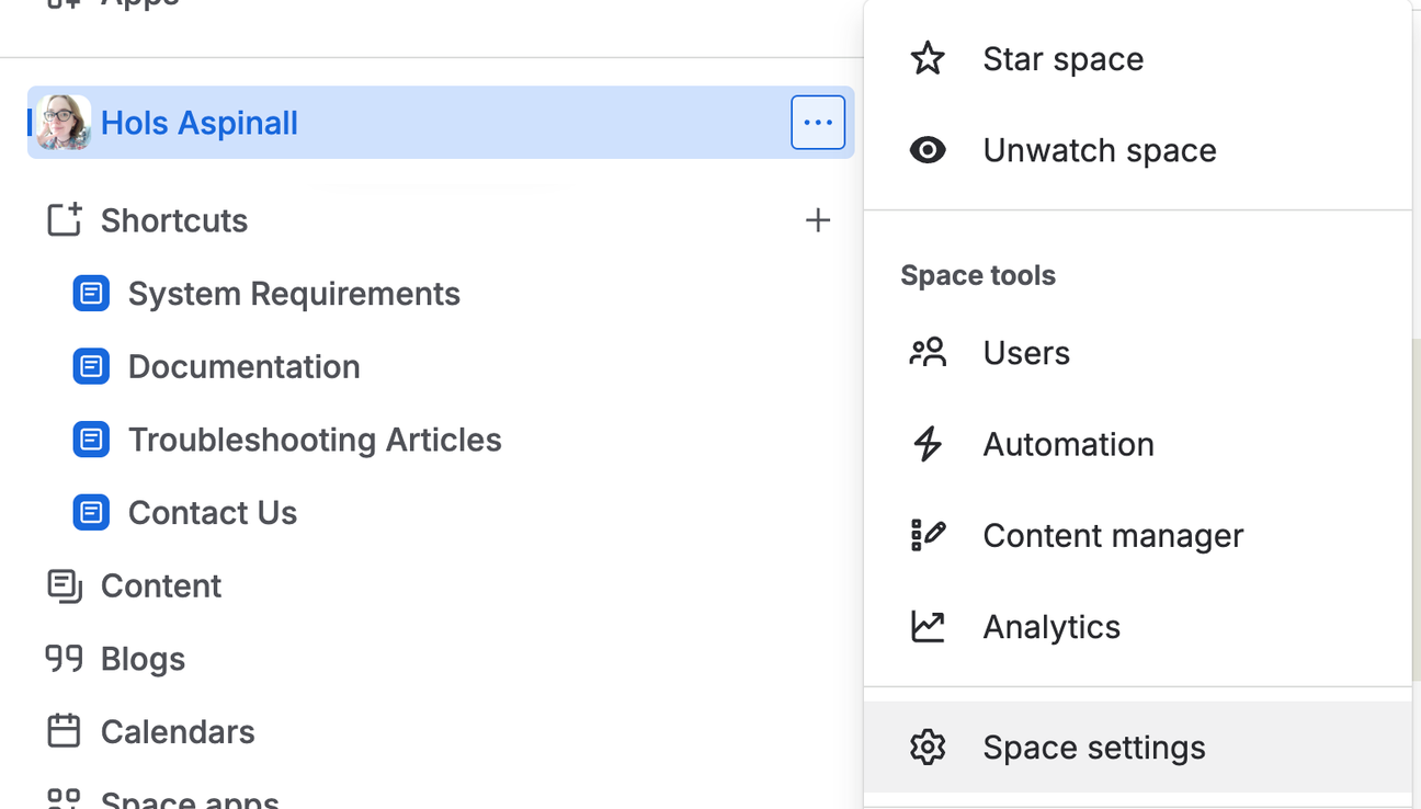 A Confluence space sidebar with the Space settings section highlighted